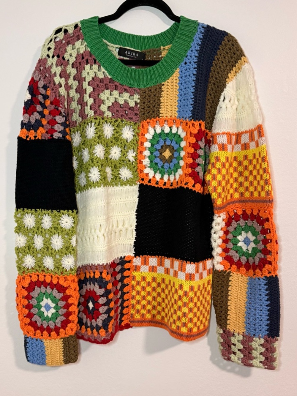 AKIRA Patchwork Princess Multi Color Crochet Square Knit Sweater Boho Size Large